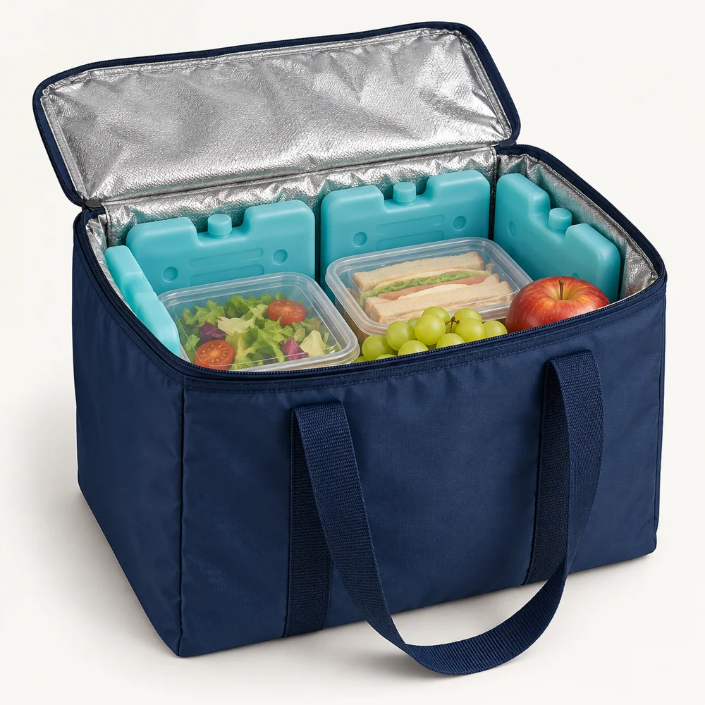 Illustrative open cooler bag concept with food and ice packs