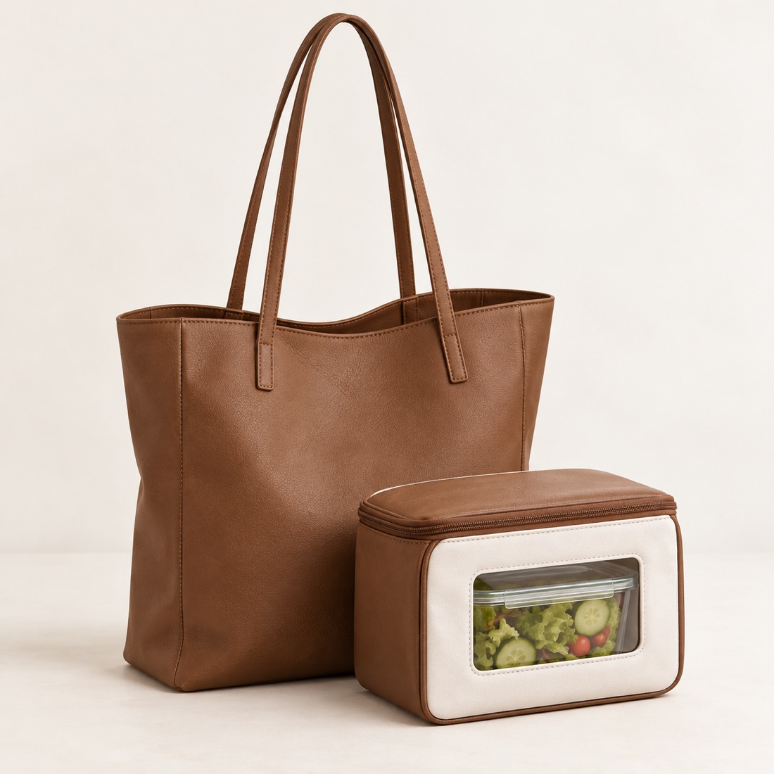 Custom Leather Shoulder Tote with Matching Insulated Lunch Pouch OEM ODM listing image