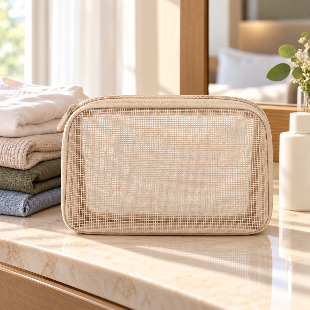 Supplier listing view 4 for Custom Beige Polyester Mesh Zipper Cosmetic Pouch Travel Makeup Organizer OEM ODM, Yunshengyuan product reference 1601989204764.