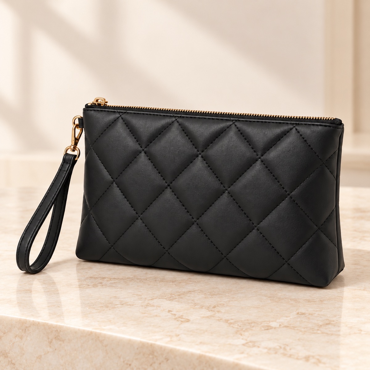 Supplier listing view 2 for Custom Black Quilted PU Zipper Cosmetic Pouch with Wrist Strap OEM ODM, Yunshengyuan product reference 1601989417026.